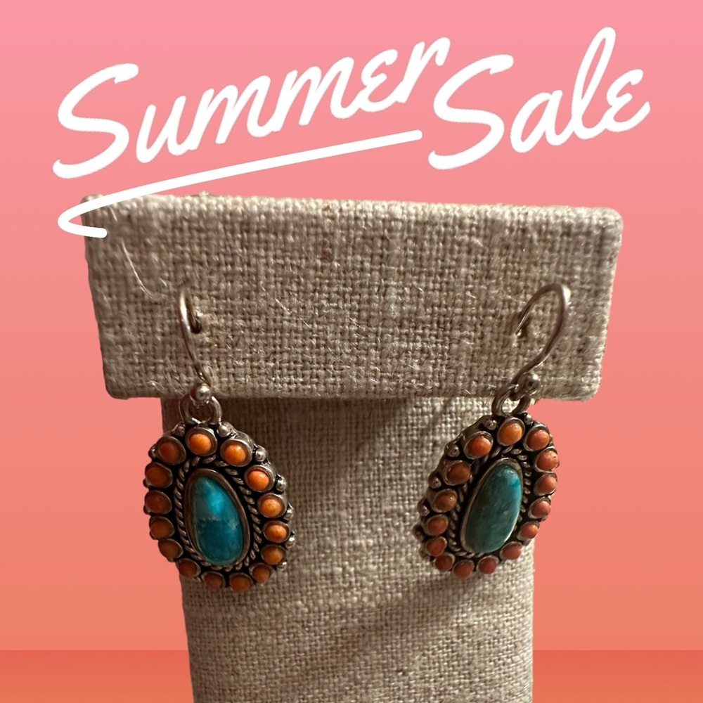 New .925 Sterling Silver Barse Genuine Turquoises And Coral Earrings